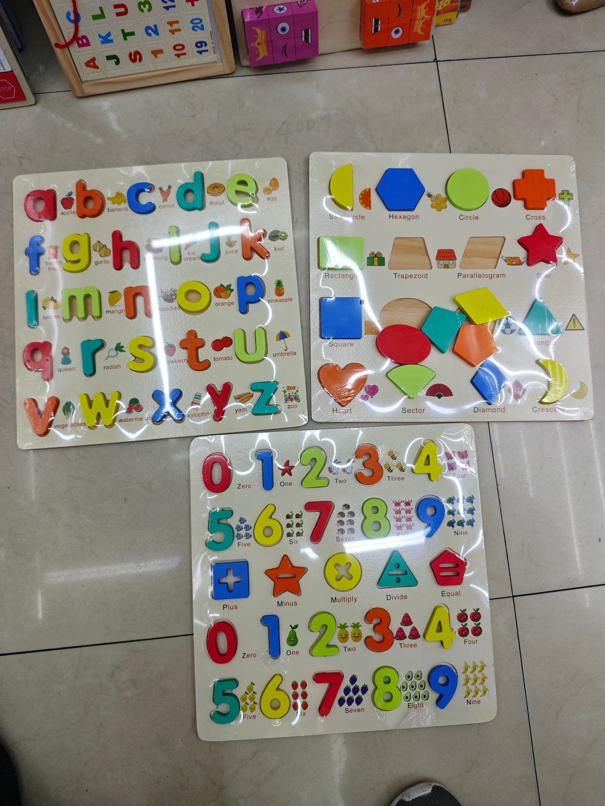 Wooden puzzle boards (ABC, shapes, 123)